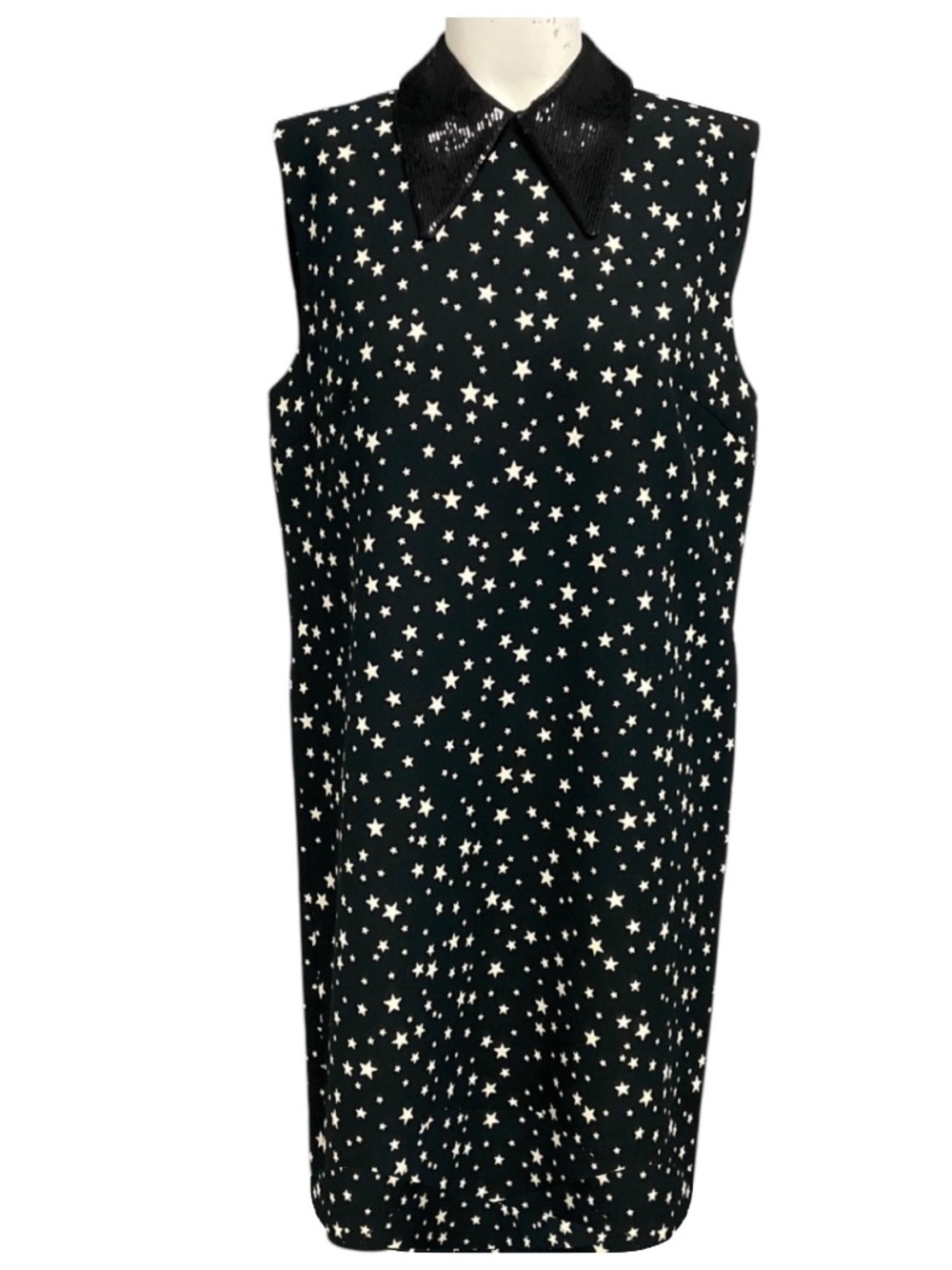 MIU MIU BLACK / IVORY STAR PRINT CREPE DRESS WITH SEQUIN COLLAR